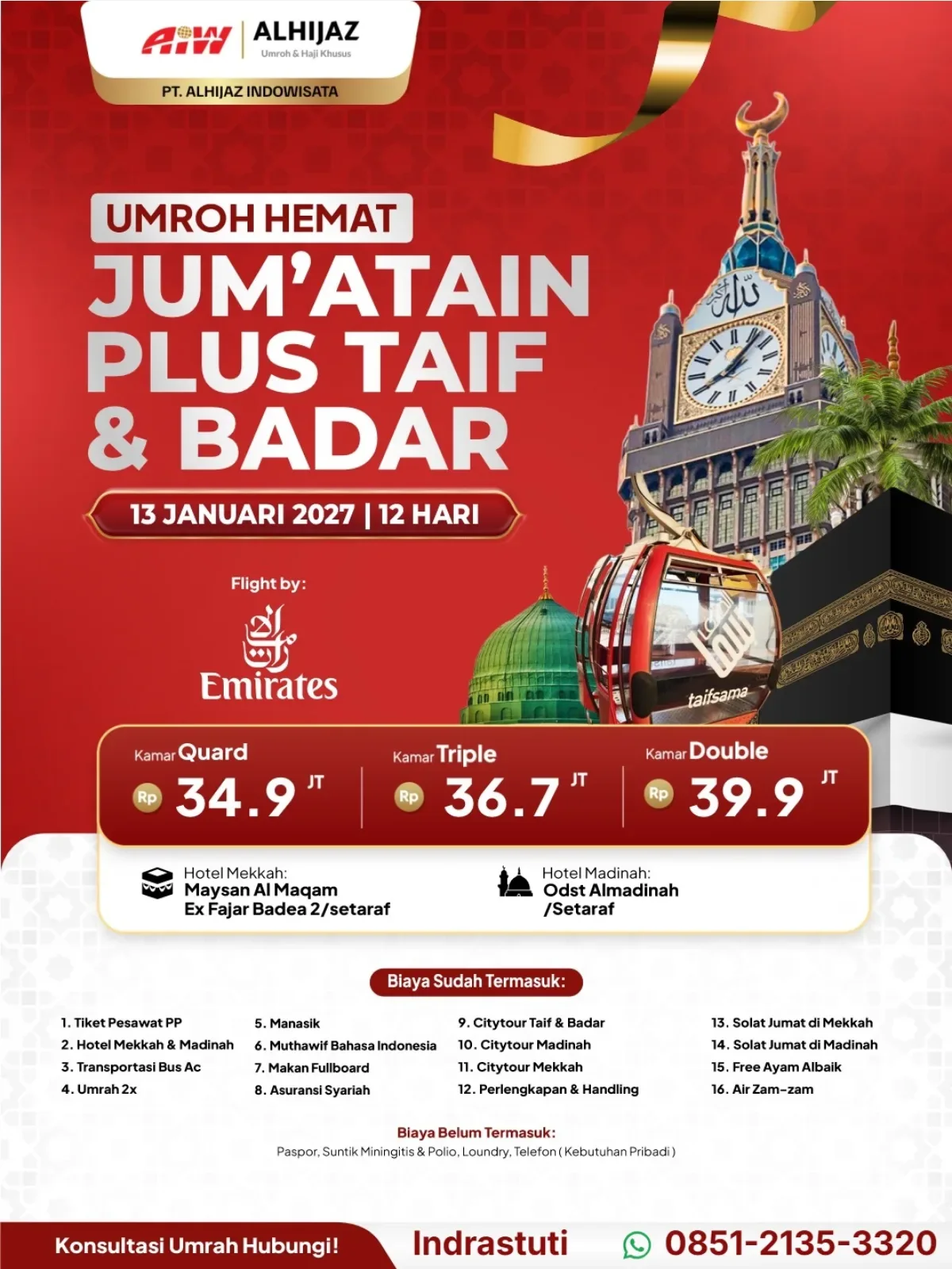 UMRAH HEMAT JUM'ATAIN PLUS TAIF+BADAR 12HR